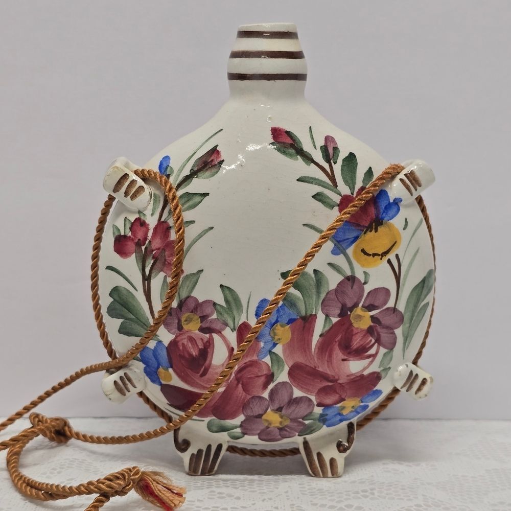 Antique Vintage Hungarian Pottery Varoslod Majolica Handpainted Floral Flask